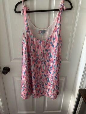 Jadelynn Brooke Pink Teal Leaf-Print Tie Strap Dress